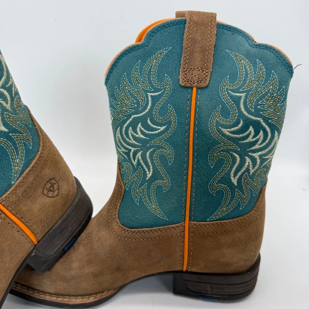 Ariat Western Boots Kids Size 1 Brown Teal 10053621 Square Toe Leather Cowboy